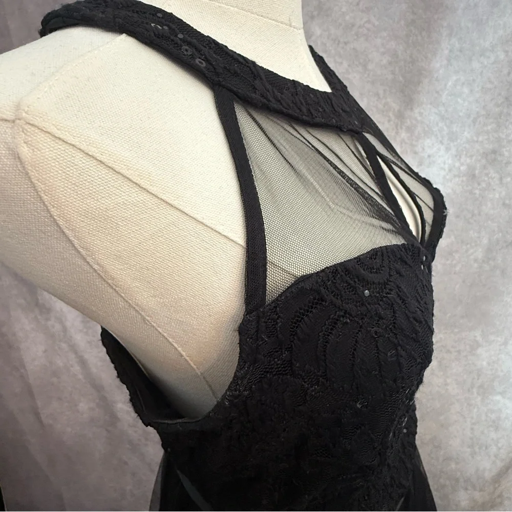 Elegant Black Halter Formal Sheer Illusion Dress layered tulle prom bow sequin - Picture 8 of 10